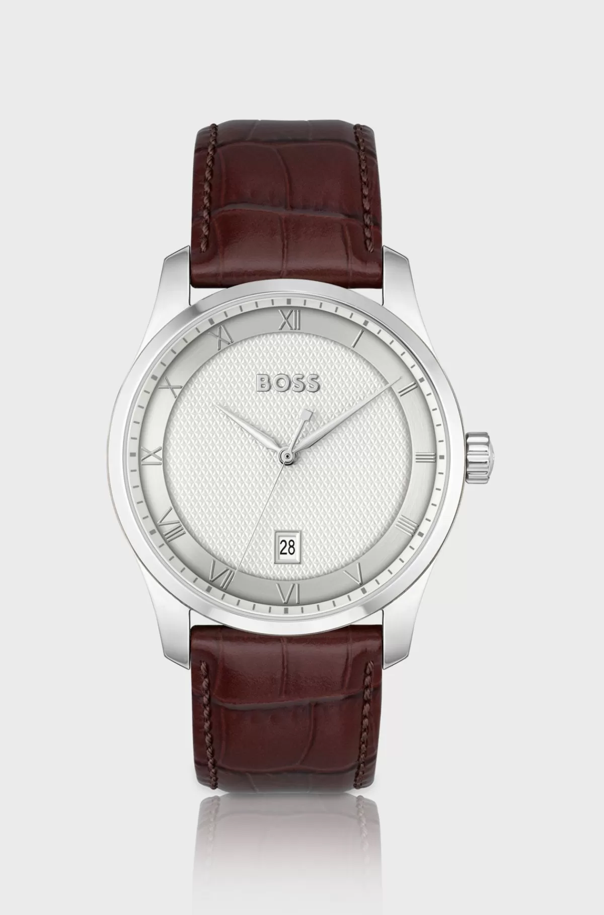 HUGO BOSS Ur Med Læderrem Og Sølvfarvet Urskive Med Mønster Mørkebrun Discount