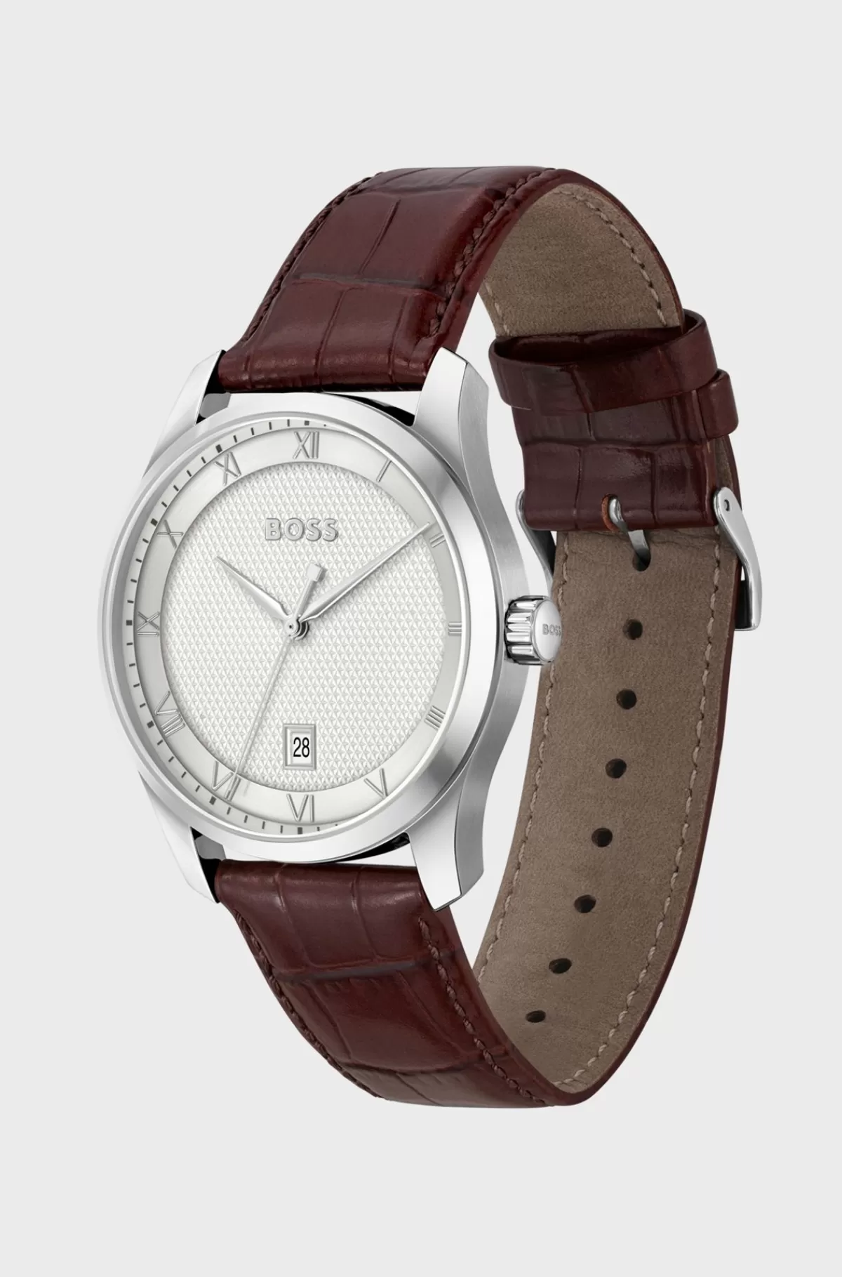HUGO BOSS Ur Med Læderrem Og Sølvfarvet Urskive Med Mønster Mørkebrun Discount