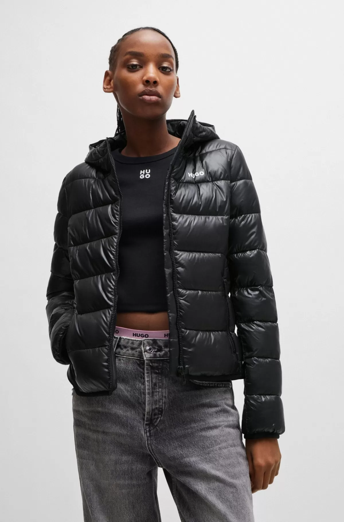 HUGO BOSS Vandskyende Dunjakke Med Kontrastlogo Sort Discount