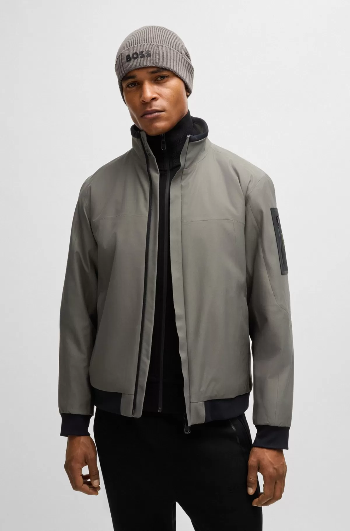HUGO BOSS Vandskyende Og Vatteret Bomberjakke Med Indvendig Stolpelukning Med Logoprint Lysegrå Best