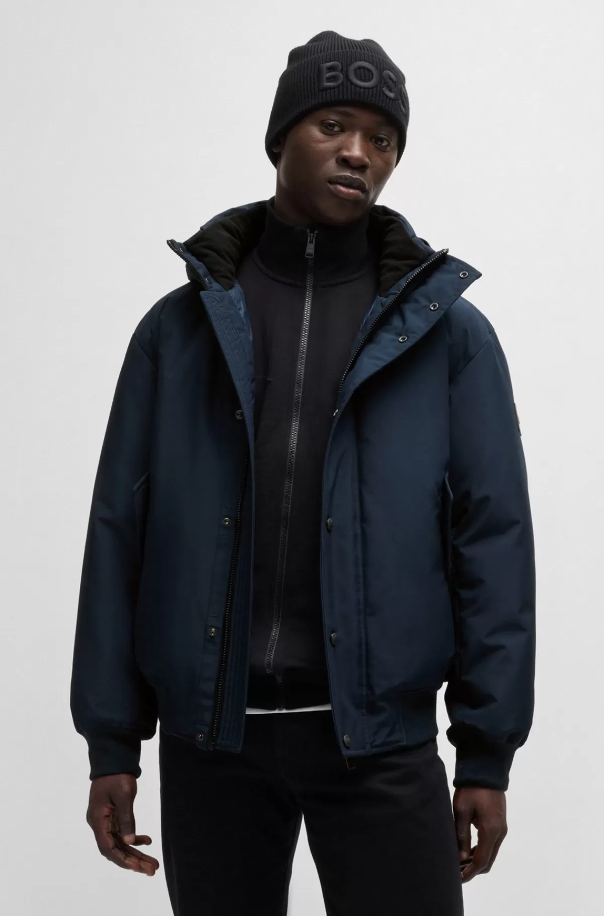 HUGO BOSS Vandskyende Parkajakke Med Kravefor I Polarfleece Mørkeblå Shop
