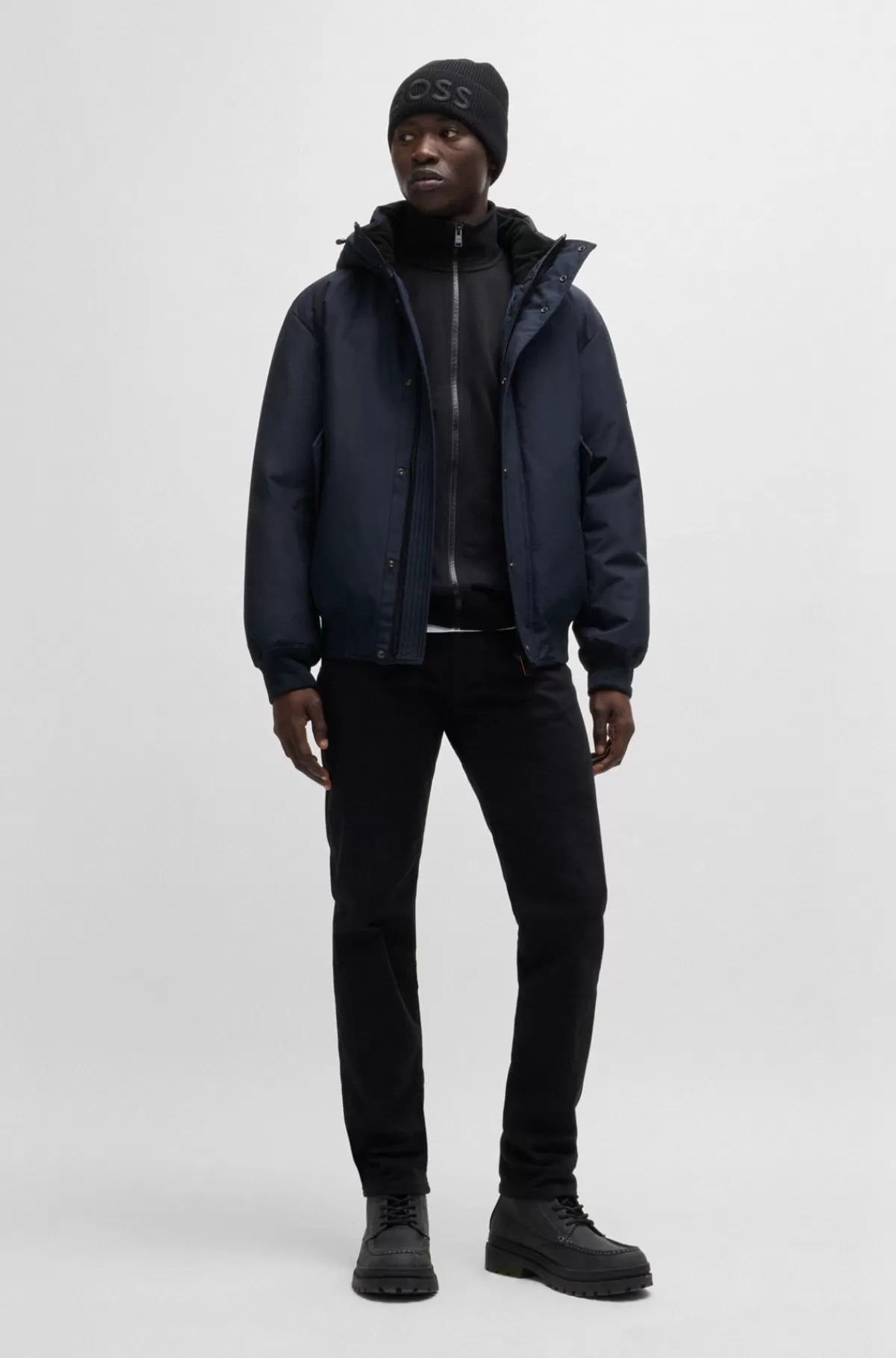 HUGO BOSS Vandskyende Parkajakke Med Kravefor I Polarfleece Mørkeblå Shop