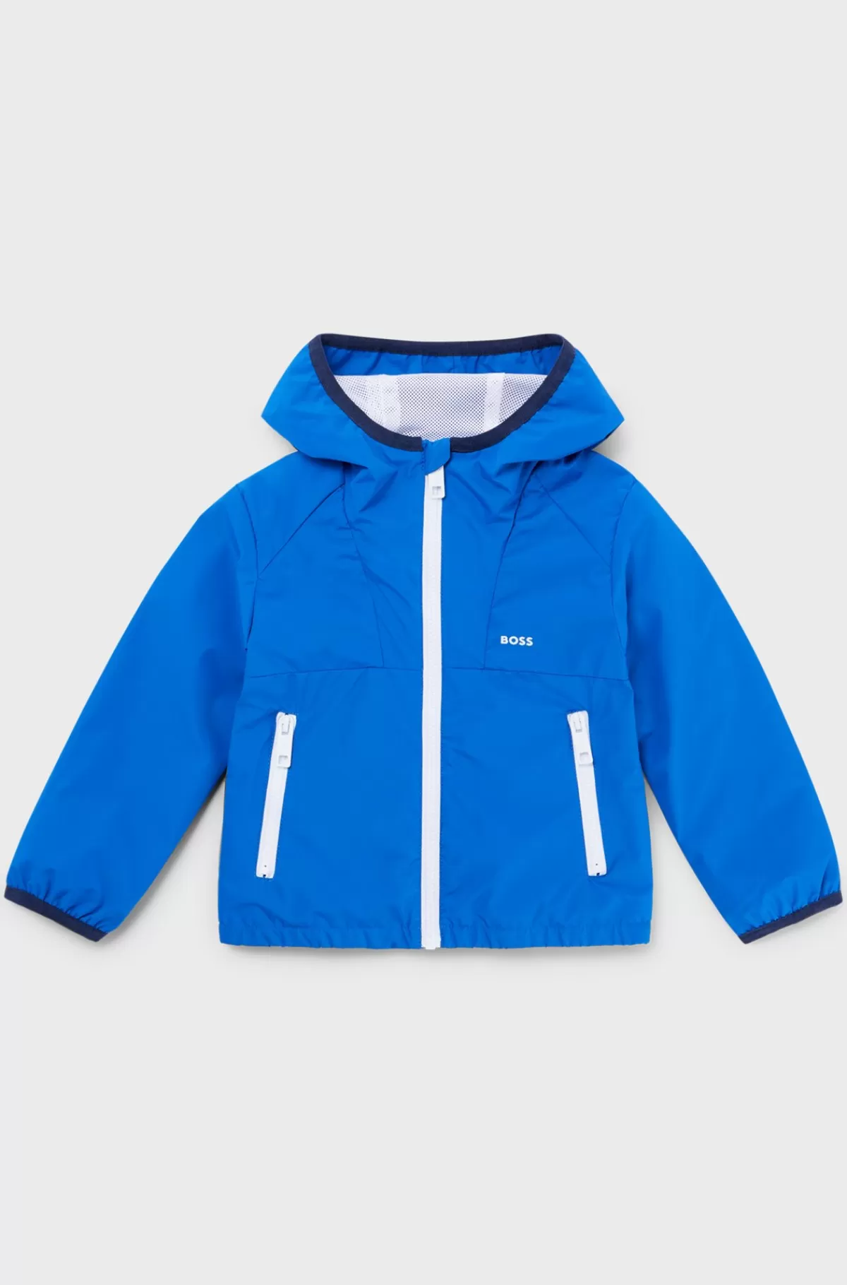 HUGO BOSS Vandskyende Vindjakke Til Drenge Med Hætte Og Trykt Logo Blå Flash Sale