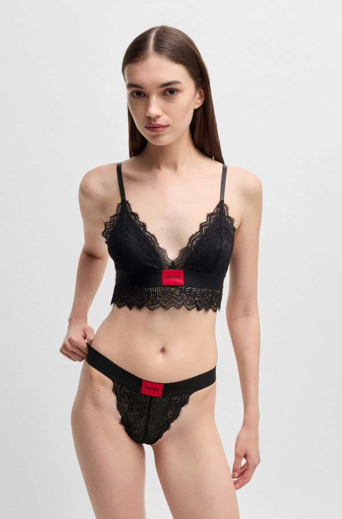 HUGO BOSS Vatteret, Trekants-BH Af Geometriske Blonder Med Rødt Logomærkat Sort Best Sale