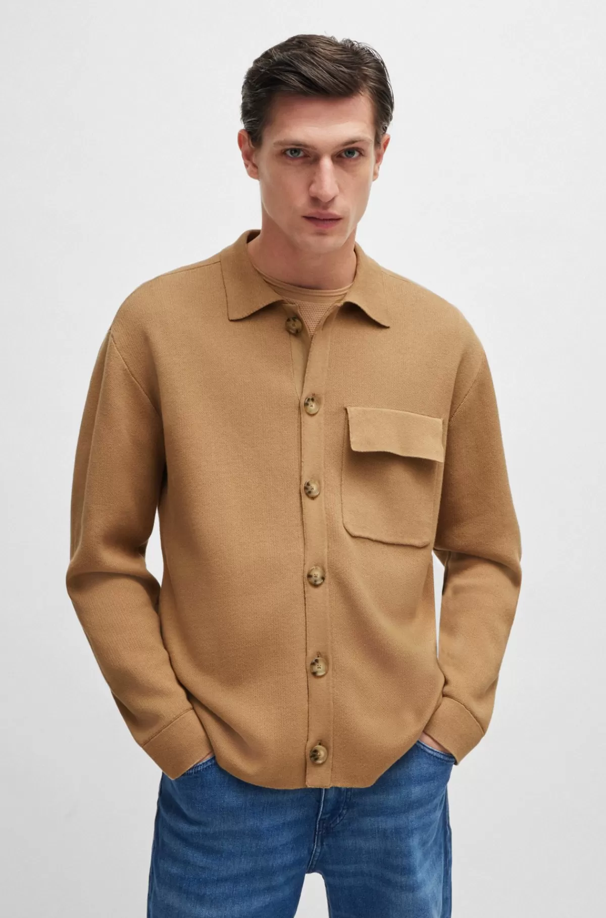 HUGO BOSS Yderskjorte Med Relaxed Fit I Strikket Bomuld Beige Clearance