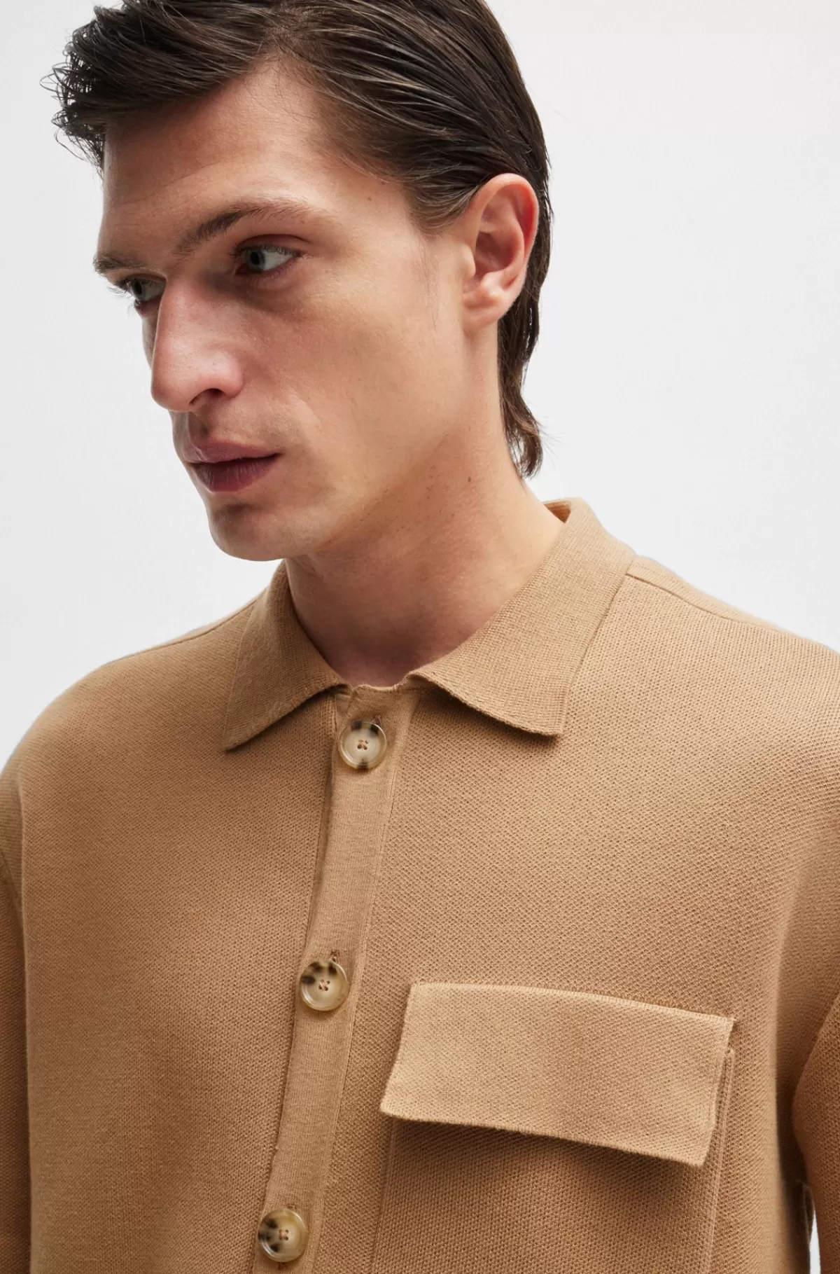 HUGO BOSS Yderskjorte Med Relaxed Fit I Strikket Bomuld Beige Clearance